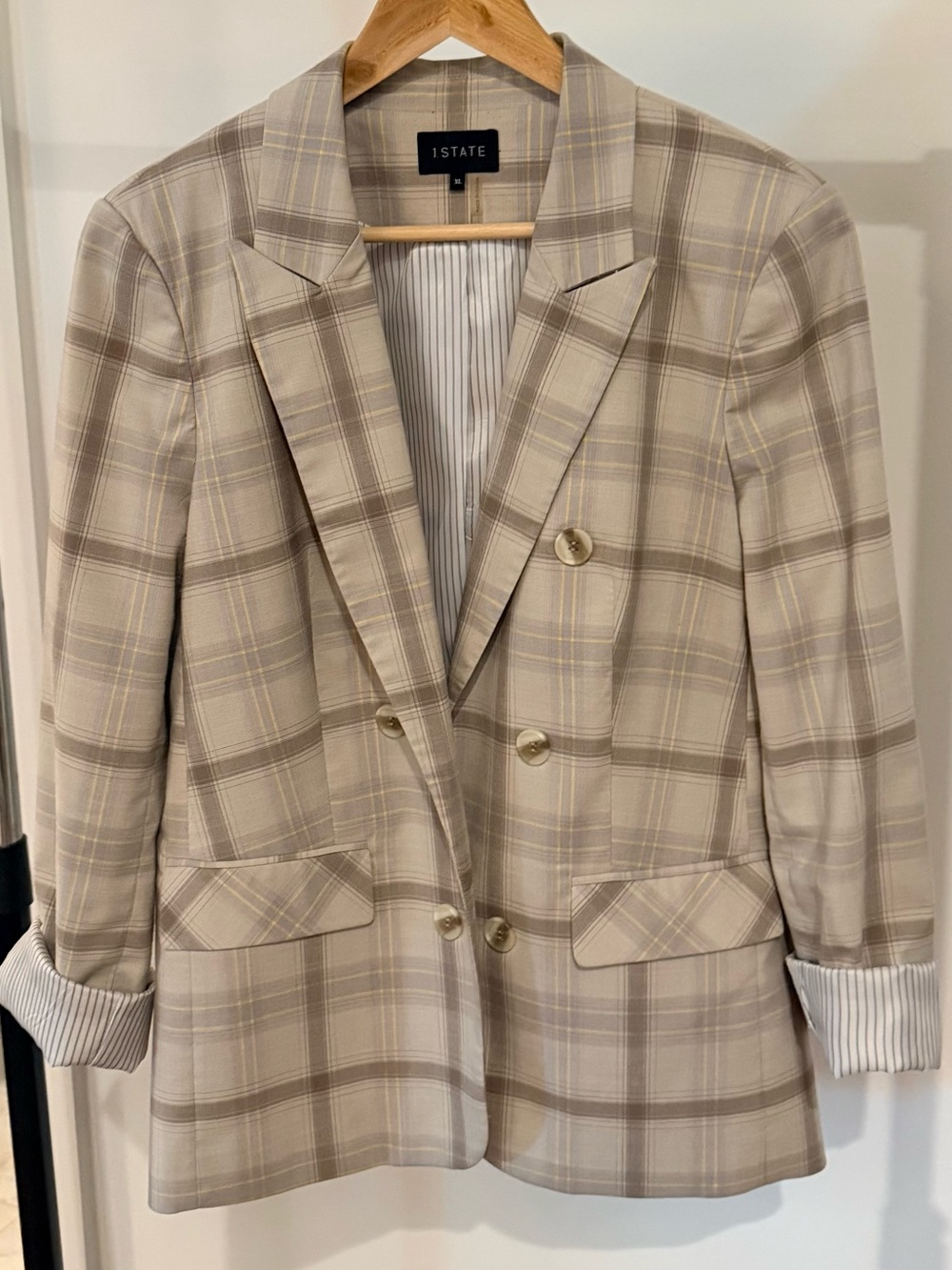 STATE Plaid Double-Breasted Blazer in Beige and Taupe